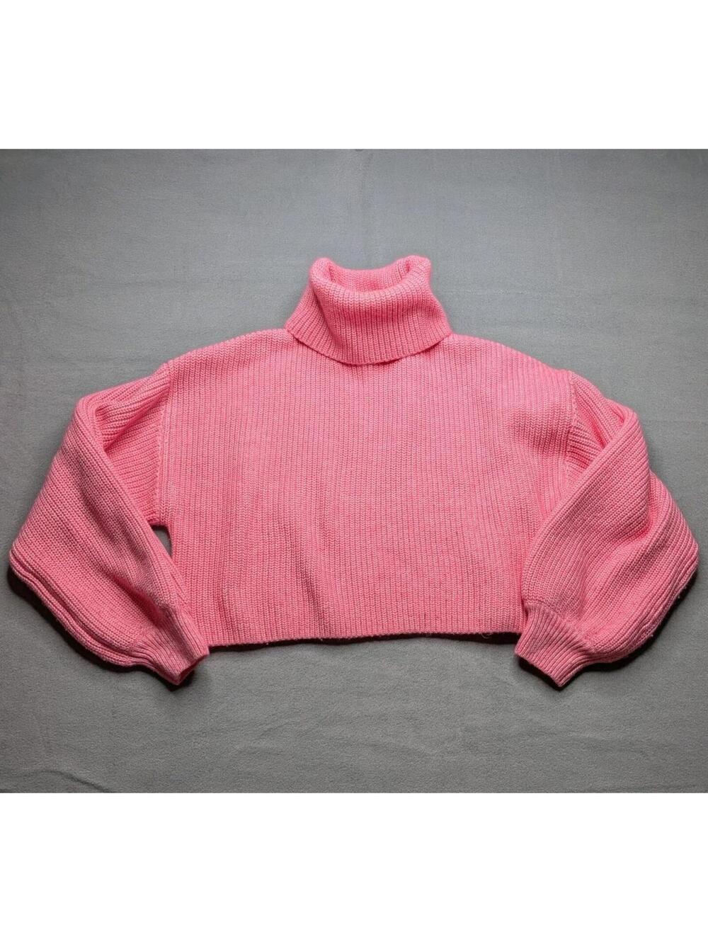 Monki Sweater Pullover Womens M Pink Turtleneck Cropped Balloon Sleeve Chunky